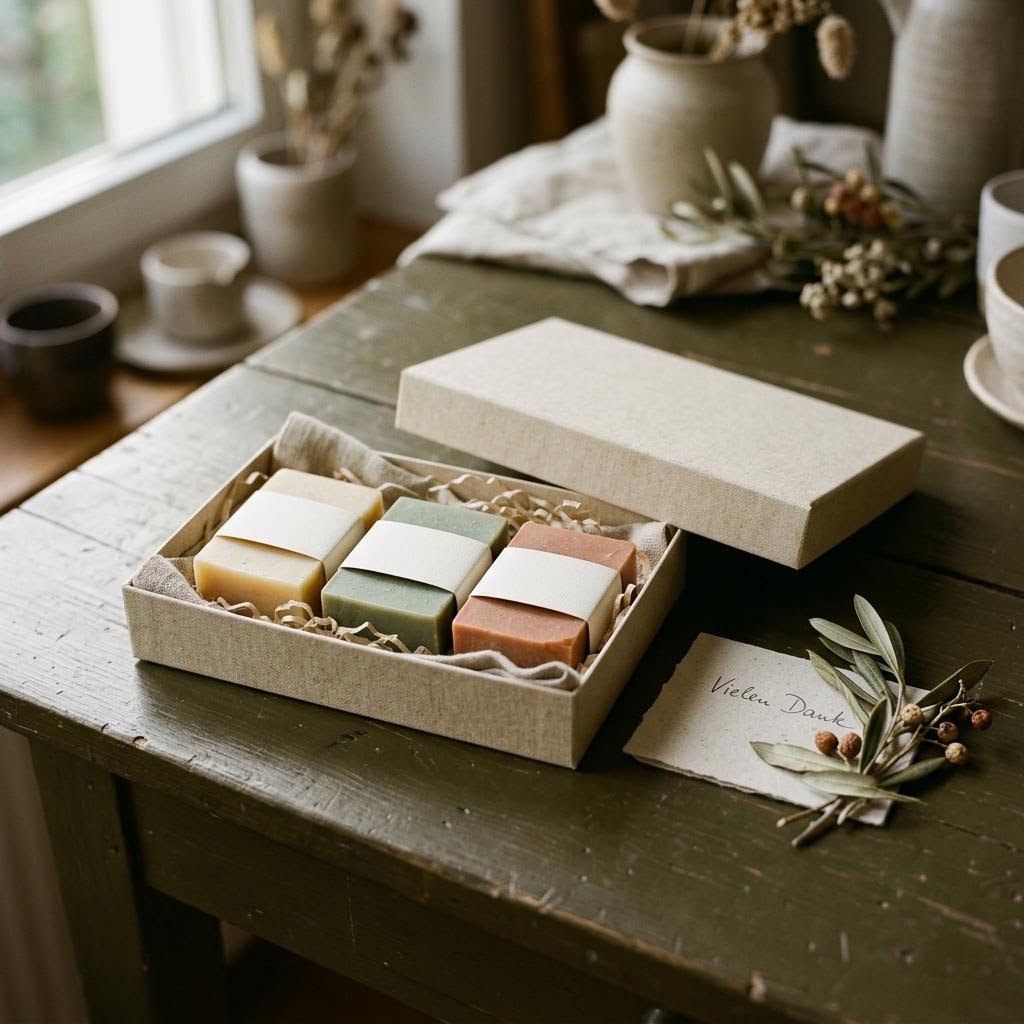 Handgemachte Seifen in einer zurückhaltenden Geschenkbox