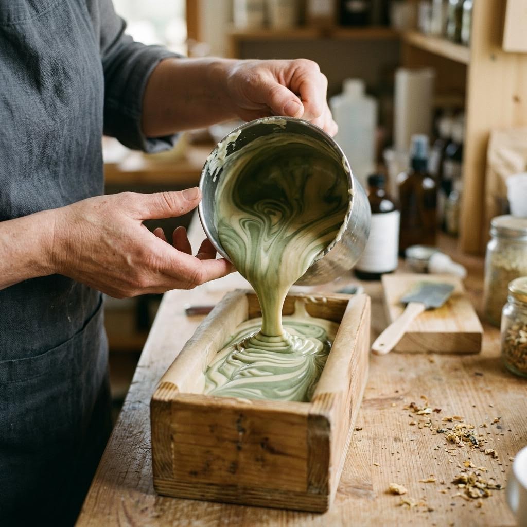 Illustrative Fotografie: grün marmorierte Seifenmasse wird in eine Holzform gegossen