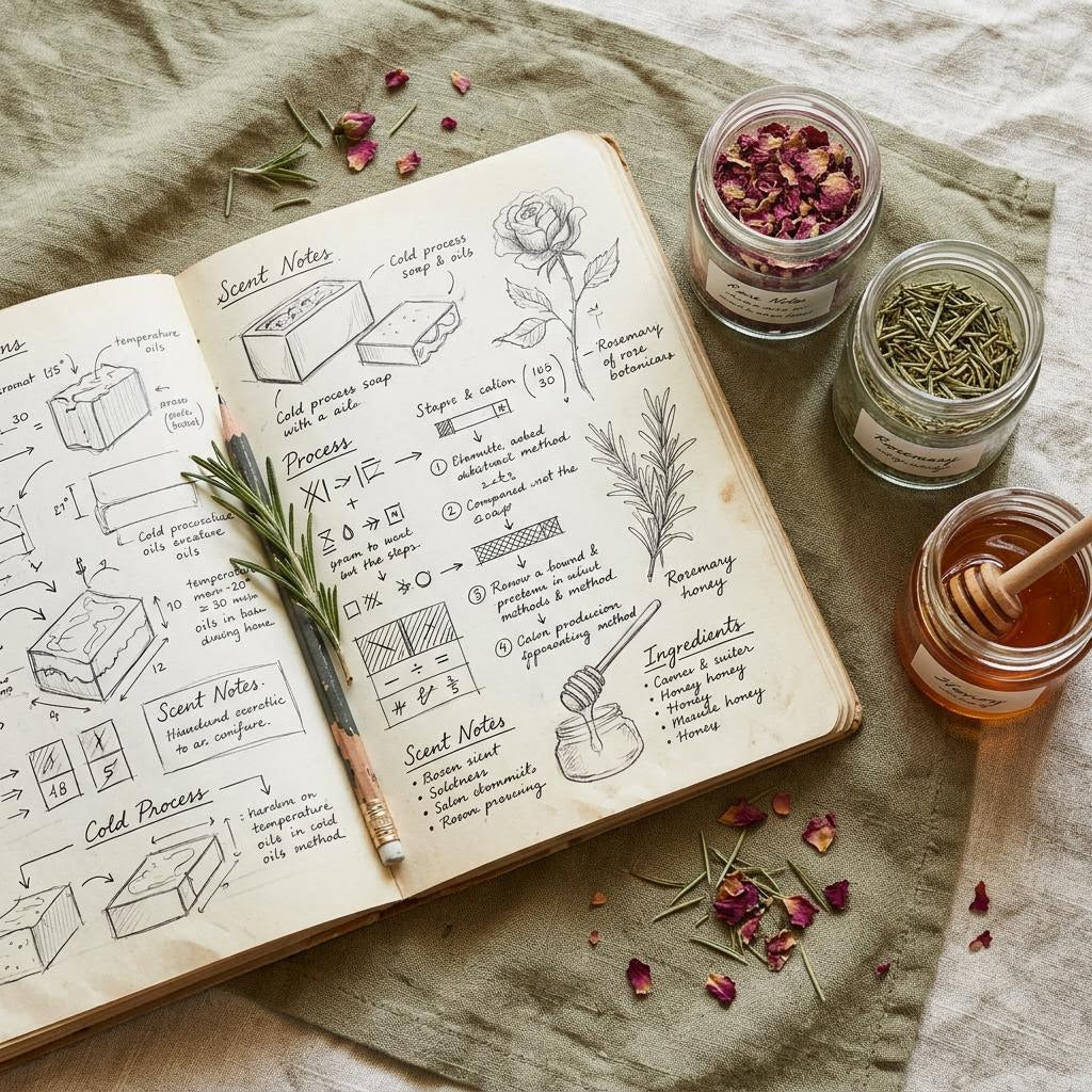 Illustrative Fotografie: offenes Rezeptbuch mit Seifenskizzen, getrockneten Kräutern und Honig