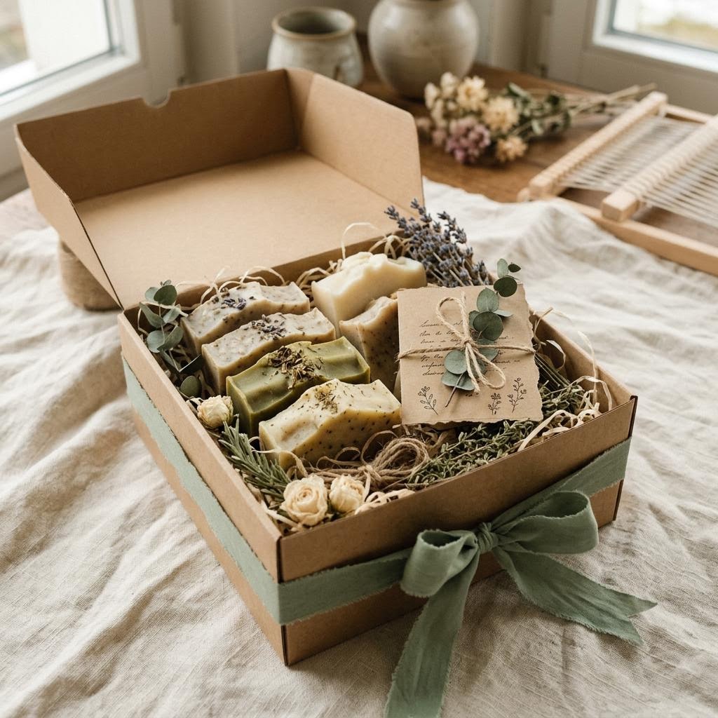Geschenkbox mit handgemachten Seifen, Blüten und Geschenkanhänger